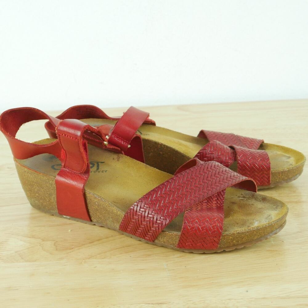 OTBT 8 Wedge Sandals Red Leather Comfort Shoes Cork Boho Casual Beachy